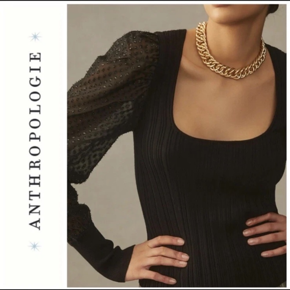 Anthropologie Puff Sleeve Shimmer Sweater in Black - Picture 4 of 16
